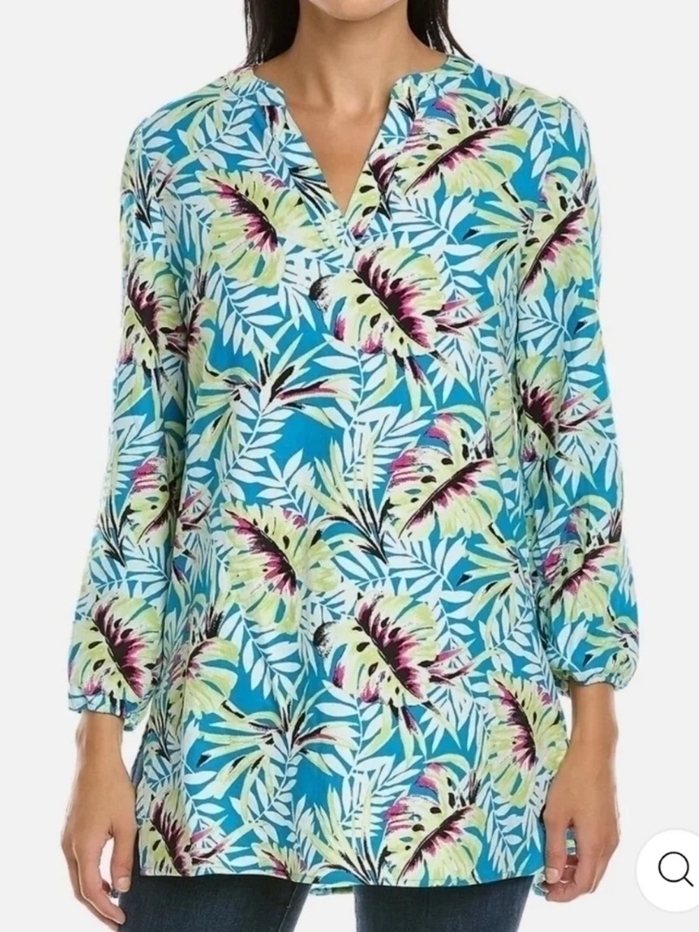 Anne Klein Tropical Floral Print V-Neck Linen Blend Tunic with 3/4 Sleeves Sz 2X